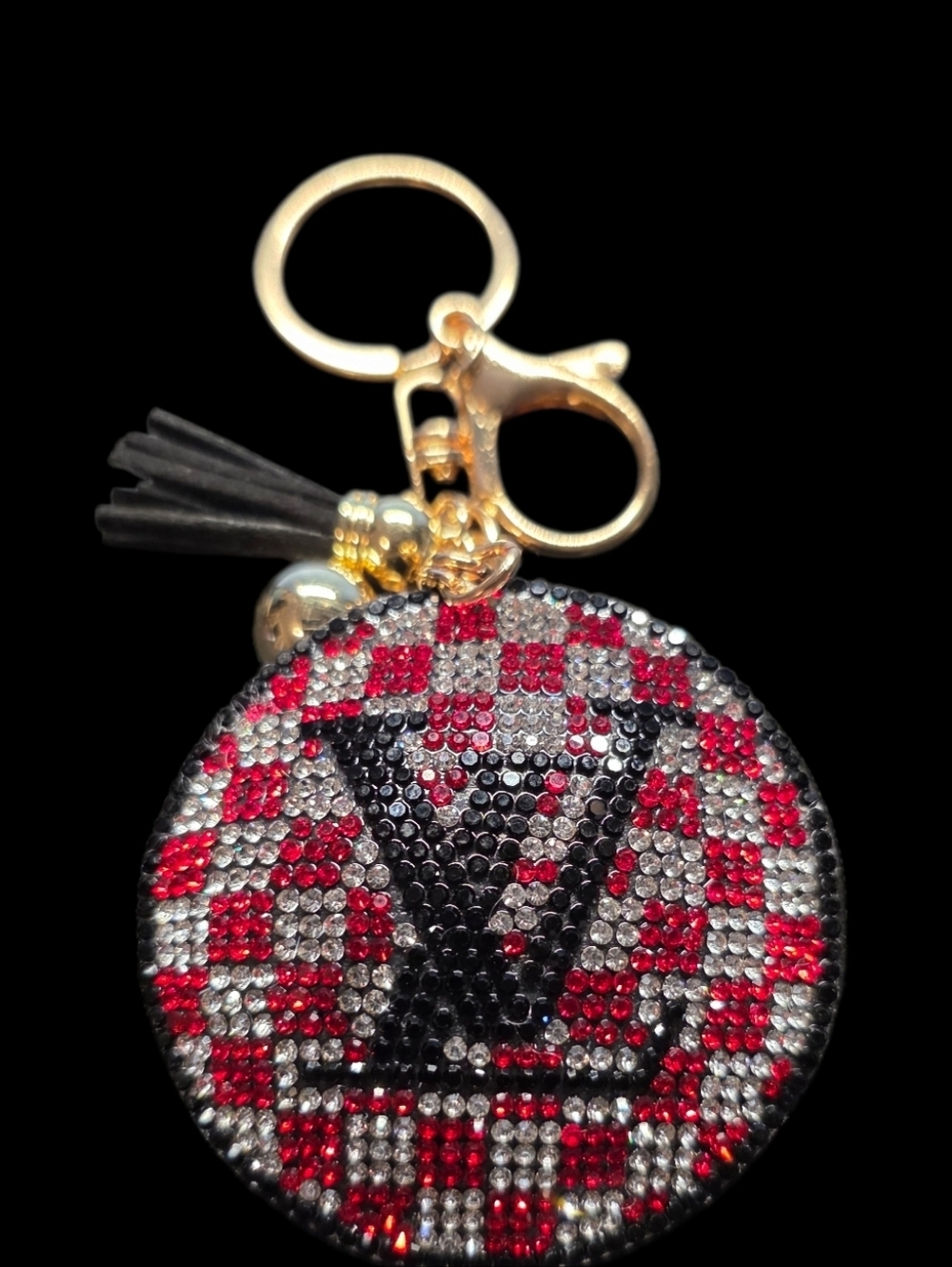 Checkered Black/Red LV Rhinestone Embellished Key Bag Charm Keychain